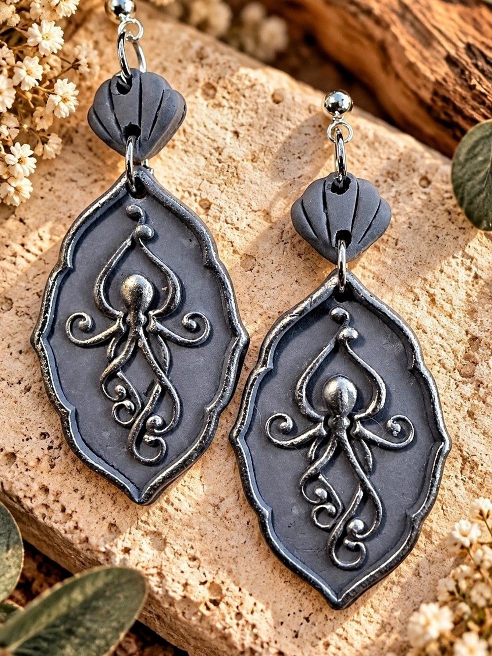 Black & Silver Octopus Drop Earrings